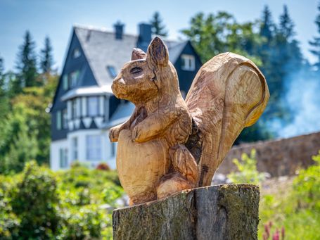 Handgeschnitztes Eichhörnchen aus Eichenholz auf Baumstumpf – Kettensägenkunst Sachsen, Auftragsarbeit Andreas Patzak