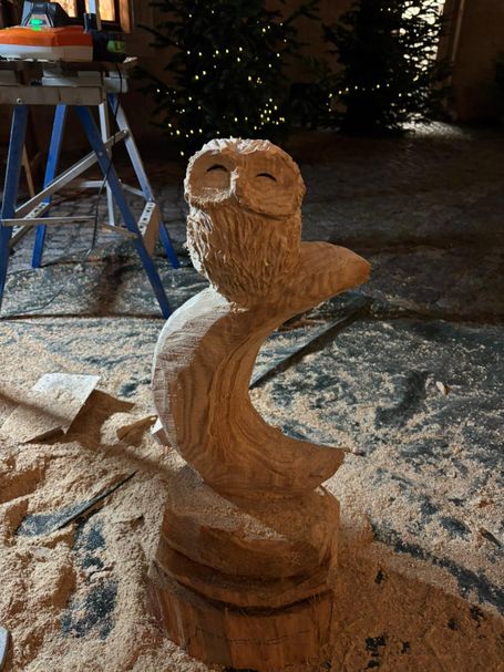 Naturbelassene Eulen-Skulptur aus Holz