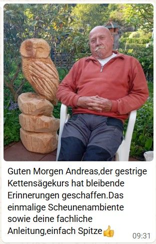 WhatsApp-Nachricht eines Kursteilnehmers an Andreas Patzak mit positivem Feedback zum Kettensägen-Schnitzkurs.