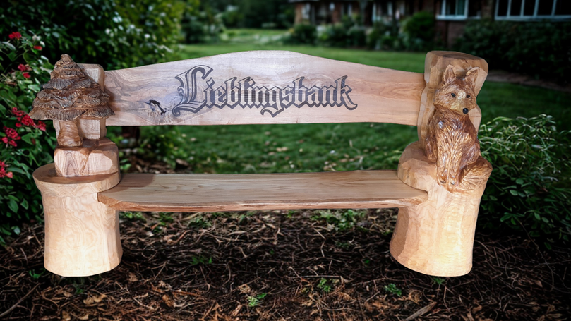 Holzbank Eiche von Kettensägenkunst Sachsen mit Fuchs und Baum